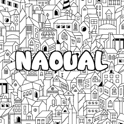 Coloriage pr&eacute;nom NAOUAL - d&eacute;cor Ville