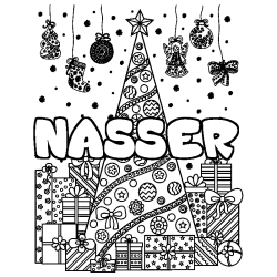 Coloriage prénom NASSER - décor Sapin et Cadeaux