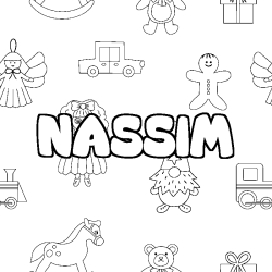 Coloriage pr&eacute;nom NASSIM - d&eacute;cor Jouets