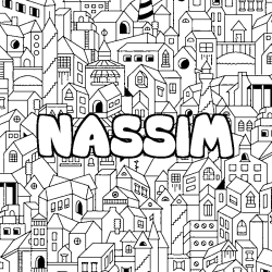Coloriage prénom NASSIM - décor Ville