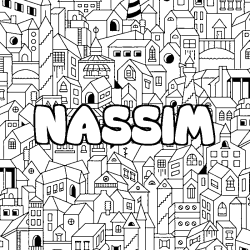 Coloriage pr&eacute;nom NASSIM - d&eacute;cor Ville