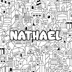 Coloriage prénom NATHAEL - décor Ville