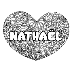 Coloriage pr&eacute;nom NATHA&Euml;L - d&eacute;cor Mandala coeur