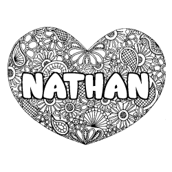 Coloriage prénom NATHAN - décor Mandala coeur