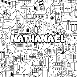 Coloriage prénom NATHANAËL - décor Ville