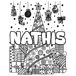 Coloriage pr&eacute;nom NATHIS - d&eacute;cor Sapin et Cadeaux