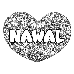 Coloriage prénom NAWAL - décor Mandala coeur