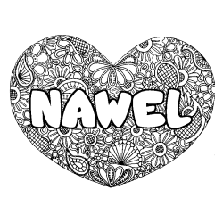 Coloriage prénom NAWEL - décor Mandala coeur