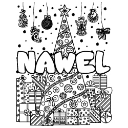 Coloriage prénom NAWEL - décor Sapin et Cadeaux