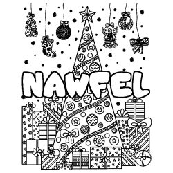 Coloriage pr&eacute;nom NAWFEL - d&eacute;cor Sapin et Cadeaux