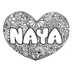 Coloriage prénom NAYA - décor Mandala coeur
