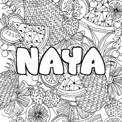 Coloriage pr&eacute;nom NAYA - d&eacute;cor Mandala fruits