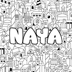 Coloriage pr&eacute;nom NAYA - d&eacute;cor Ville