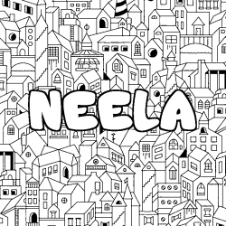 Coloriage pr&eacute;nom NEELA - d&eacute;cor Ville