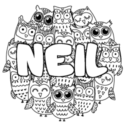 Coloriage pr&eacute;nom NEIL - d&eacute;cor Chouettes