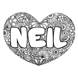 Coloriage pr&eacute;nom NEIL - d&eacute;cor Mandala coeur