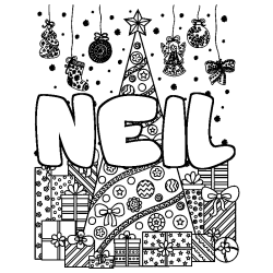 Coloriage pr&eacute;nom NEIL - d&eacute;cor Sapin et Cadeaux