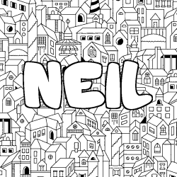 Coloriage pr&eacute;nom NEIL - d&eacute;cor Ville