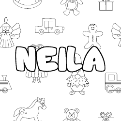 Coloriage prénom NEILA - décor Jouets