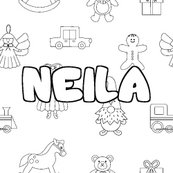 Coloriage pr&eacute;nom NEILA - d&eacute;cor Jouets