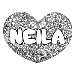 Coloriage prénom NEILA - décor Mandala coeur