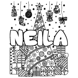 Coloriage pr&eacute;nom NEILA - d&eacute;cor Sapin et Cadeaux