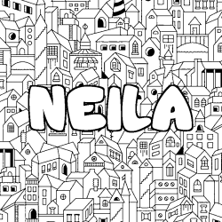 Coloriage pr&eacute;nom NEILA - d&eacute;cor Ville
