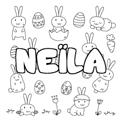 Coloriage pr&eacute;nom NE&Iuml;LA - d&eacute;cor Paques