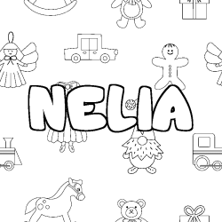 Coloriage pr&eacute;nom NELIA - d&eacute;cor Jouets
