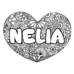Coloriage prénom NELIA - décor Mandala coeur