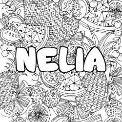 Coloriage pr&eacute;nom NELIA - d&eacute;cor Mandala fruits
