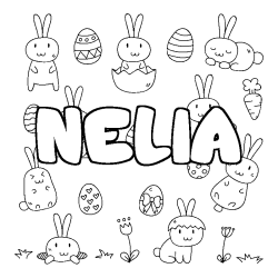 Coloriage prénom NELIA - décor Paques