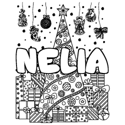 Coloriage prénom NELIA - décor Sapin et Cadeaux