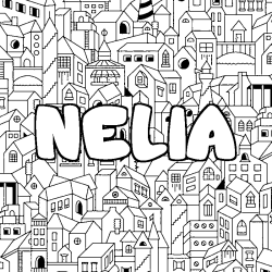 Coloriage pr&eacute;nom NELIA - d&eacute;cor Ville