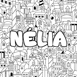Coloriage pr&eacute;nom N&Eacute;LIA - d&eacute;cor Ville