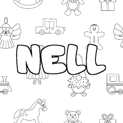 Coloriage pr&eacute;nom NELL - d&eacute;cor Jouets