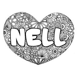 Coloriage pr&eacute;nom NELL - d&eacute;cor Mandala coeur