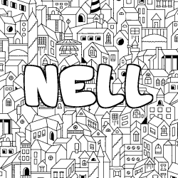 Coloriage pr&eacute;nom NELL - d&eacute;cor Ville