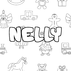 Coloriage pr&eacute;nom NELLY - d&eacute;cor Jouets