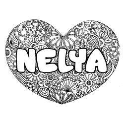 Coloriage pr&eacute;nom NELYA - d&eacute;cor Mandala coeur