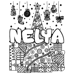 Coloriage prénom NELYA - décor Sapin et Cadeaux