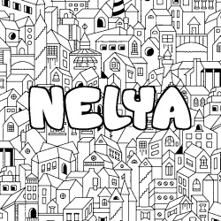 Coloriage pr&eacute;nom NELYA - d&eacute;cor Ville