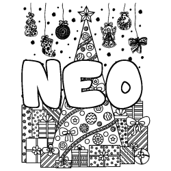 Coloriage prénom NEO - décor Sapin et Cadeaux