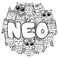 Coloriage pr&eacute;nom N&Eacute;O - d&eacute;cor Chouettes
