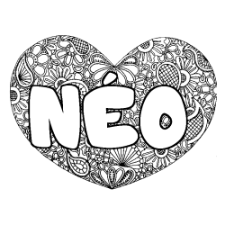 Coloriage pr&eacute;nom N&Eacute;O - d&eacute;cor Mandala coeur