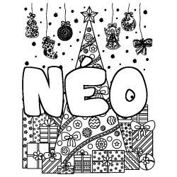 Coloriage prénom NÉO - décor Sapin et Cadeaux