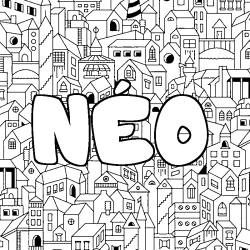Coloriage pr&eacute;nom N&Eacute;O - d&eacute;cor Ville