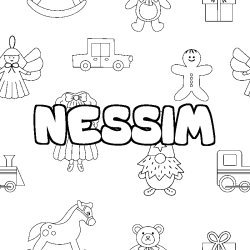 Coloriage prénom NESSIM - décor Jouets