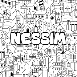 Coloriage prénom NESSIM - décor Ville
