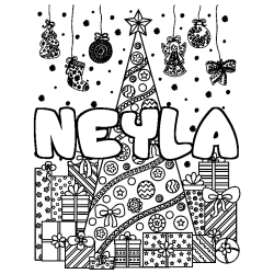 Coloriage prénom NEYLA - décor Sapin et Cadeaux
